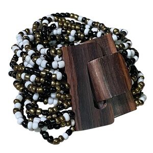 Vintage Gerda Lynggaard Monies Glass Seed Bead + Hand carved Wood Clap Bracelet